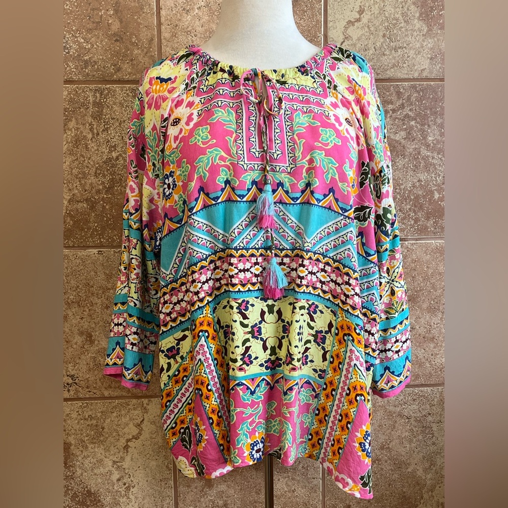 Orientique Naturally Australian Mixed Print Boho Top with Tassel Tie Size XL